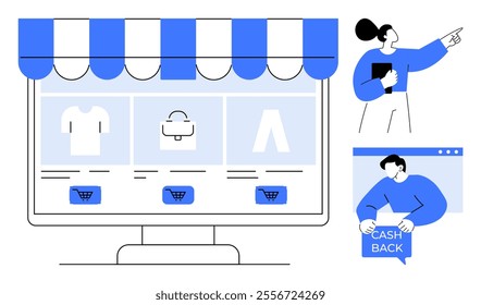 Online shopping website with product icons clothing bag pants on a large screen Customers pointing, at items and holding cashback sign Ideal for e-commerce marketing online retail sales customer