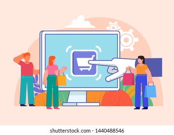 Online shopping. Website or web app for buying, selling goods with one click. Poster for web page, banner, presentation, social media. Flat design vector illustration