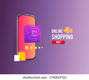 Online shopping for websites or concepts of vector marketing and digital marketing mobile applications. Smartphone design. For online store promotion .24 hour delivery text