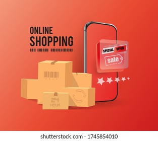 Compras en línea para sitios web o conceptos de marketing vectorial y aplicaciones móviles de marketing digital. Diseño de smartphone. Para promoción de tiendas en línea .24 horas de entrega de texto