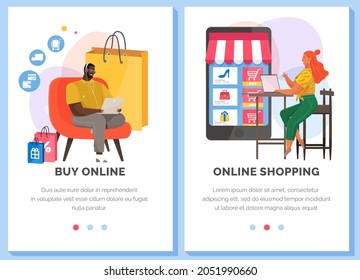 Online shopping websites set. People with computers buying products in mobile app store. Modern flat web page design template for online shopping website. Man and woman purchase goods via Internet