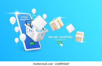 Online shopping. White shopping baskets, parcel gift box floating away from smartphone. App shopping on website in mobile. Online marketing social advertising concept. On blue background. 3D Vector.
