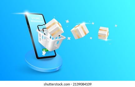 Online shopping. White shopping baskets, parcel gift box floating away from smartphone. App shopping on website in mobile. Online marketing social advertising concept. On blue background. 3D Vector.
