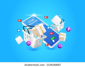 Online-Shopping. Weiße Einkaufskorbe, Geschenkbox aus dem Smartphone. App-Shopping auf der Website in mobile. Konzept der sozialen Werbung im Online-Marketing. Auf blauem Hintergrund. 3D-Vektorgrafik.

