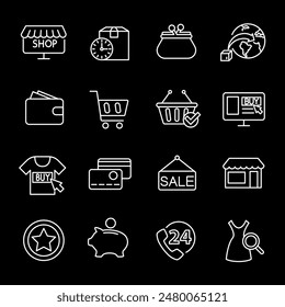 Online shopping, white line icons. Icons for e-commerce and online stores. retail and technology themes. Symbols on black background. Editable stroke.