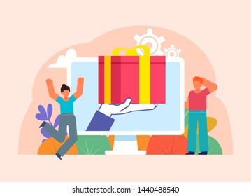 Online shopping, win gift or present. People stand near big gift box coming out of screen. Poster for web page, banner, presentation, social media. Flat design vector illustration