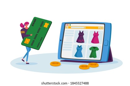 Online Shopping, Wireless Payment Concept. Tiny Female Customer Character with Credit Card Buying Goods at Huge Gadget Screen. Digital Purchase, Internet Store Order. Cartoon Vector Illustration