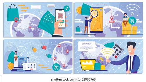 Online Shopping and Wireless Payment Services Cartoon Banner Set. Business People Order, Buy Goods around World. Worldwide Transactions and Delivery. Digital Marketing, E-Commerce. Vector Illustration