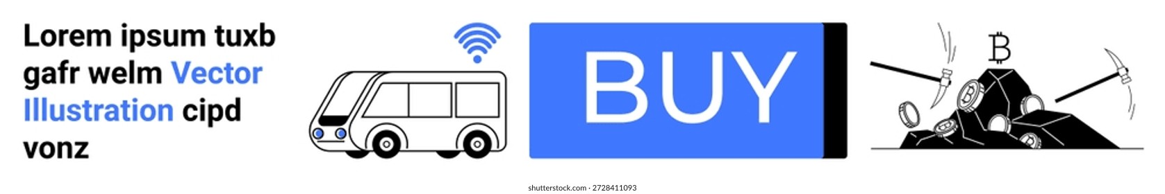 Compras on-line, transporte sem fio, indústria de mineração, e-commerce, conectividade, processos industriais. Elementos visuais incluem um ônibus com um sinal, um botão Comprar e ferramentas de mineração. Compras on-line