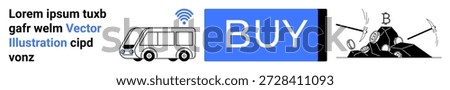 Online shopping, wireless transportation, mining industry, e-commerce, connectivity, industrial processes. Visual elements include a bus with a signal, a Buy button and mining tools. Online shopping
