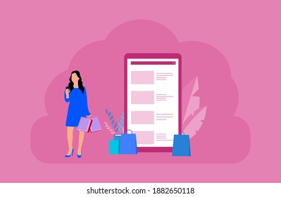 online shopping woman background carrying a shopping bag