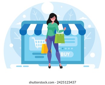 Online shopping. Woman with shopping bags. Fashionable woman holding packages with clothes after shopping. Online store on laptop screen. E-commerce concept. Vector graphics