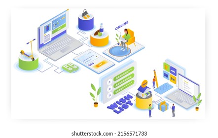 Online Shopping. Woman Buying Groceries, Clothing, Adding Favorite Things To Wish List, Vector Isometric Illustration.