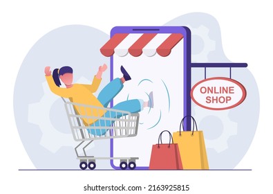 Online shopping. A woman in a shopping cart enters an online store on her smartphone