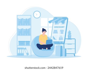 Online shopping  a woman does online shopping from hometrending concept flat illustration