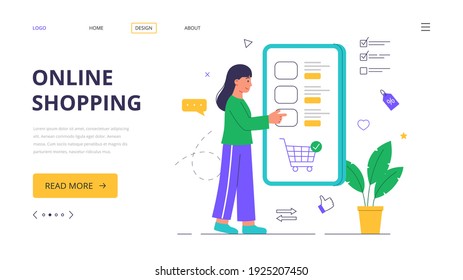 Online shopping. A woman makes purchases in an online store. Vector illustration in a modern flat style.  Landing web page template.