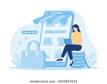 online shopping, a woman sitting on coins is shopping online trending concept flat illustration