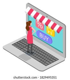 Online shopping, woman standing on laptop keyboard isolated icon vector. Sale or discount, web payment and e-commerce, customer buying or purchasing goods and food. Web site store page illustration