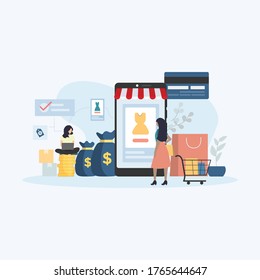 Online Shopping, Woman who owns and post her items on a ecommerce platform and a woman looking for items to buy online