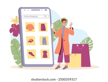 Mujer de compras en línea. Niña con smartphone en sus manos compra ropa en Internet. Comercio electrónico y entrega a domicilio. Transferencias y transacciones sin efectivo. Ilustración vectorial plana