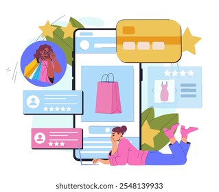 Online shopping woman. Young girl with laptop buys stylish clothes on Internet. Digital payment, cashless transfers and transactions. Marketing and ecommerce. Flat vector illustration