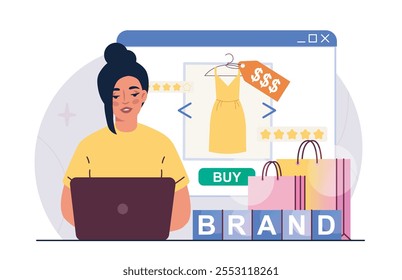 Online shopping woman. Young girl with laptop buys yellow dress on Internet. Electronic commerce and marketing. Digital transfer and transaction. Flat vector illustration isolated on white background