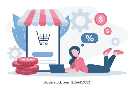 Online shopping woman. Young girl with laptop near huge smartphone. Electronic commerce and marketing. Cashless transfers and transactions. Flat vector illustration isolated on white background