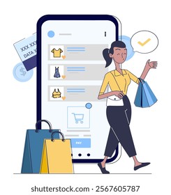 Online shopping woman. Young girl with shopping bags near huge smartphone. Cashless transfers and transactions. Electronic commerce and marketing. Linear vector illustration