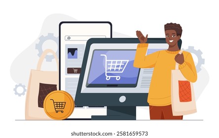 Online shopping woman. Young girl buys goods on internet. Digital money, cashless transfers and transactions. Online shopping with home delivery. Electronic commerce. Flat vector illustration