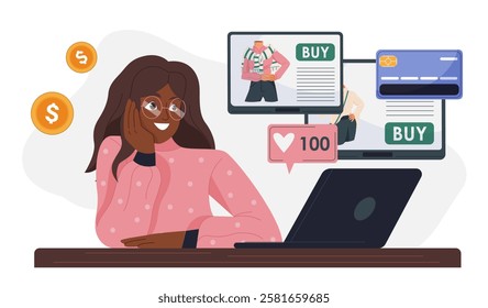 Online shopping woman. Young guy with laptop select clothes. Cashless transfers, payment and transactions on Internet. Purchasing goods with home delivery. Flat vector illustration