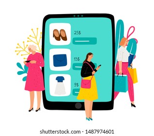 Online shopping. Women choose clothes and accessories in online store, vector illustration