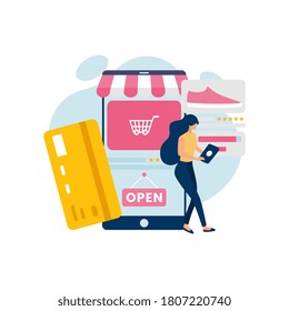 	
Online shopping women ordering a product banner, mobile illustration app templates, concept vector flat design