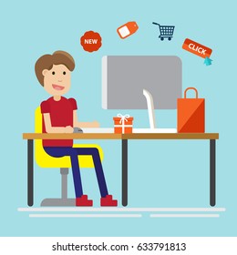 Online Shopping. Young Man shop and buy product on laptop. Vector flat design illustration. Square layout.