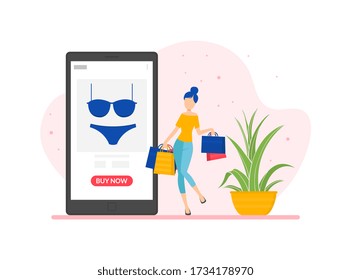 Online Shopping, Young Woman Ordering and Buying Goods in Mobile App, Delivery of Goods from Online Marketplace Vector Illustration