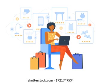 Online shopping. A young woman spends time at home with a laptop and makes purchases over the Internet. The customer selects the goods to order. E-commerce. Online order. Flat vector illustration. 