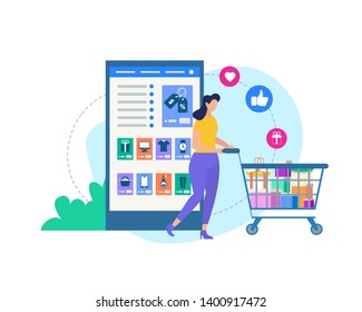 Online Shopping. Young Woman with Trolley. Huge Smartphone with Online Shop Application. Icons Flying Out of Shopping Cart with Purchases Isolated on White Background Cartoon Flat Vector Illustration