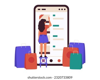 Online shopping. Young women buying goods in online store. Mobile phone with online shop interface flat vector illustration