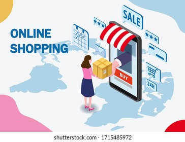Online shopping young women character makes a purchase smartphone internet shop. Isometric supermarket with icons, awning above online store front door. Vector concept and Digital marketing landing