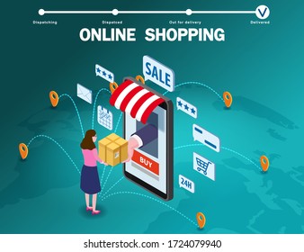 Online shopping young women character makes a purchase smartphone internet shop. Isometric supermarket with icons, awning, palnet Earth background. Vector concept and Digital marketing landing page
