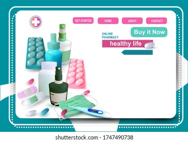 Online Shopping.3d Medicament. Antiseptic Medical Aerosol.Online Medical service.Web Banner Design Template.Realistic Falling Tablets.Pills.Mask.
