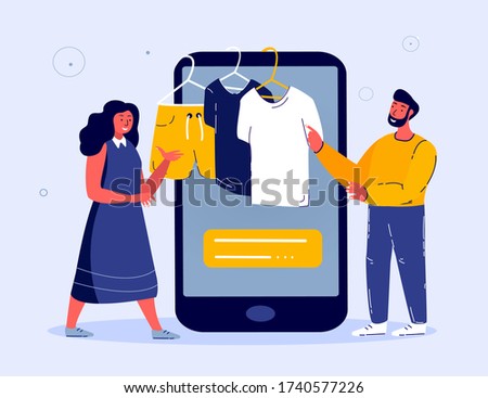 Online Shopping.Adult Young Man, Woman Buy Clothes,Shorts, T-shirts Online.New Wardrobe.Consumption.Smartphonre Digital Internet Market Shop.Consumer Purchase Textile Products.Flat Vector Illustration