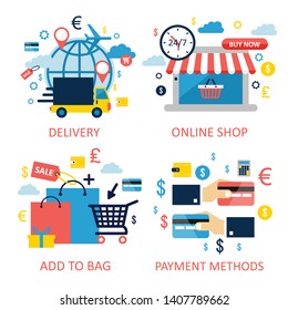 Online shoppingand e-commerce illustration. Flat design graphic elements, signs, symbols, bright icons set. Premium quality. Modern concept for web banners, websites, infographics, printed materials.