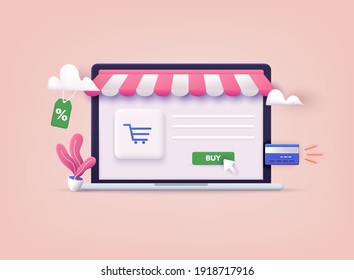 Online shopping.Design graphic elements, signs, symbols. Mobile marketing and digital marketing. 3D Web Vector Illustrations.
