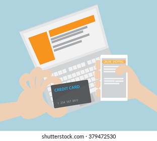 Online Shopping,E-Commerce Concept, Shopping Online with Credit Card Flat Design Vector Illustraion