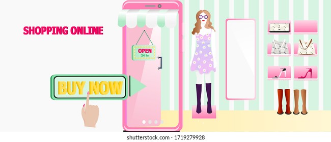 Online shopping,Shop open 24 hours,Fashion Model and mirror the back of the door .Bag,Shoes,boots .For Website or Mobile Application Vector Concept Marketing.