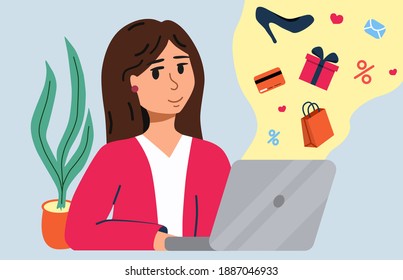 Online shopping.Shopping concept in online store. Stock vector illustration. Girl with laptop. Shopping during a pandemic.