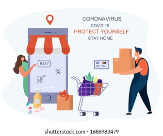 Online Shopping.Social Distancing, Keeping Distance for Decrease Infection Risk For Prevent Virus Covid-19. Food Delivery. Stay Home on Quarantine During Coronavirus Epidemic. Flat Vector Illustration