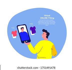Online Shopping.Virtual Digital Fitting Image.3D Picture. Young Man Choose Clothes,Shorts,T-shirts Online. Consumption.Smartphone Digital Internet Shop.Client Purchase Textile.Flat Vector Illustration