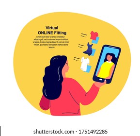 Online Shopping.Virtual Digital Fitting Image.3D Picture. Young Woman Choose Clothes,Dress,T-shirt Online. Consumption.Smartphone Digital Internet Shop.Client Purchase Textile.Flat Vector Illustration