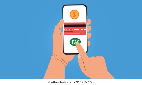 online shopping.woman doing shopping on smartphone in hand. Ease of payment with online card.
contactless shopping concept.